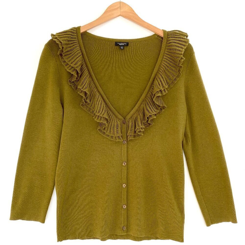 Talbots Olive Green Ruffle V-Neck Wool Blend Cardigan M